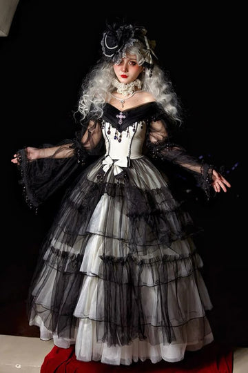 Stunning Black A Line Long Sleeve White Satin Tulle Prom Dress Party Dress Evening Dress HZ1023